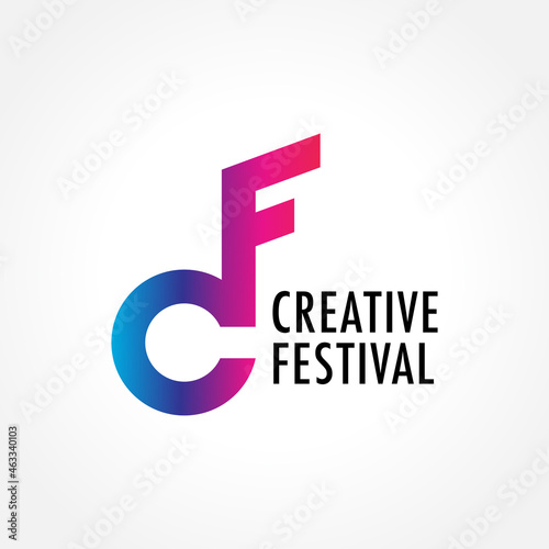 Letter CF Alphabet Initial Logo With Musical Note Design Concept. Colorful Blue Pink Purple Violet Gradient. Suitable For Artist Management Company, Community, Creative Music Festival, Content Creator
