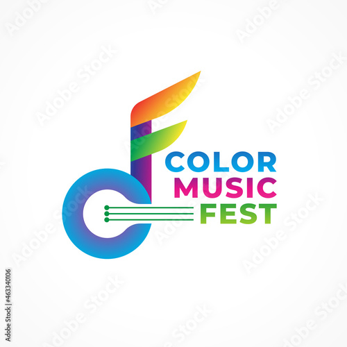 Color Music Fest. Colorful Abstract Musical Note with Strings Vector Illustration. Letter CF Alphabet Initial Logo Design Concept. Green Blue Pink Purple Violet Yellow Orange Multicolor Gradient.