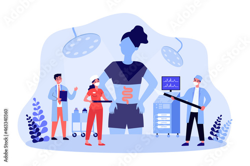 Gut medical checkup with tiny gastroenterologists. Doctors examining gastrointestinal tract of patient flat vector illustration. Medicine concept for banner, website design or landing web page
