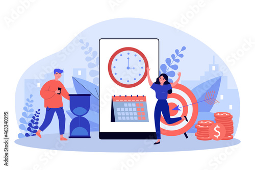 People working with planning schedule. Tiny man and woman scheduling tasks in business calendar flat vector illustration. Time management concept for banner, website design or landing web page