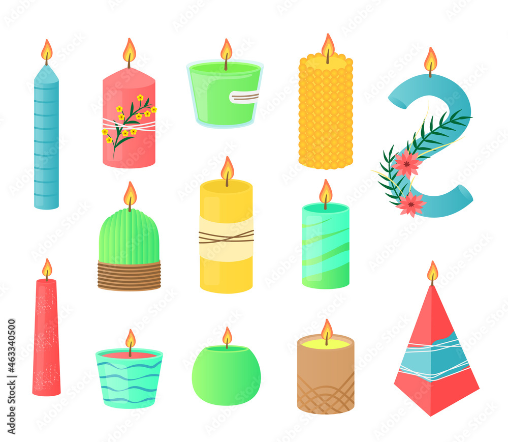 Burning candles with flowers and herbs in candlesticks. Candlelight cartoon vector illustration set. Aroma therapy, decoration, hobby, handmade concept Burning candles with flowers and herbs in candlesticks. Candlelight cartoon vector illustration set. Aroma therapy, decoration, hobby, handmade concept