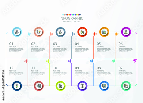 Square shape infographic with 12 steps, process or options, process chart, Used for process diagram, presentations, workflow layout, flow chart, infograph. Vector eps10 illustration.