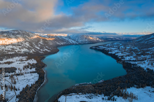 Aerial view of the winter landscape in Kanas lake, Xinjiang province, China.