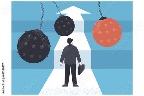 Resilient businessman facing difficulties and overcoming obstacles. Fearless cartoon man making effort to find track to success. Flat vector illustration. Business, career determination concept
