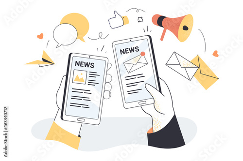 Hand holding smartphones with online newspaper, newsletter, weblog. Cellphone news application, website flat vector illustration. Communication, internet, social media, journalism, information concept