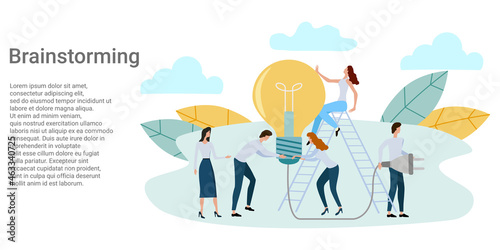 Brainstorming.People and electric lamp, development of new projects.Poster in business style.Vector illustration.