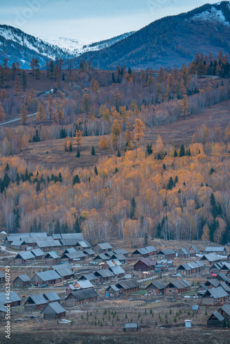 Autumn landscape of Hemu village, an ancient village in Xinjiang province, China.