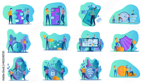 Social networks,web development,secure Wi-Fi,cash payments,safe money.A set of flat icons vector illustrations on the topic of business and technology.