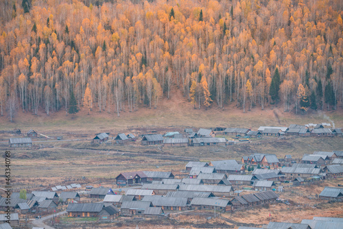 Autumn landscape of Hemu village, an ancient village in Xinjiang province, China.