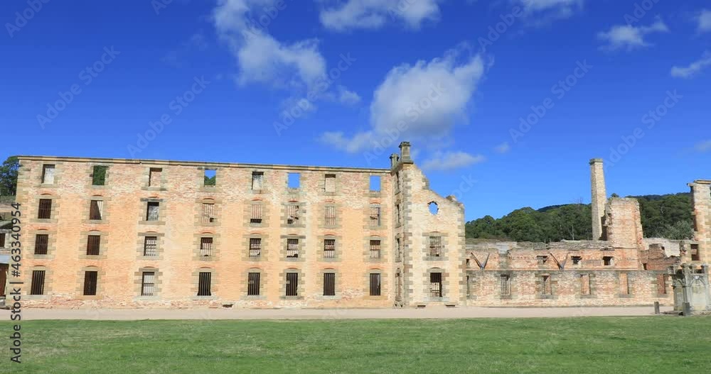 Left to right pan motion of UNESCO World Heritage-listed Port Arthur Historic Site, 30 buildings, ruins and restored homes from the prison's establishment in 1830 till its closure in 1877, Tasmania Left to right pan motion of UNESCO World Heritage-listed Port Arthur Historic Site, 30 buildings, ruins and restored homes from the prison's establishment in 1830 till its closure in 1877, Tasmania
