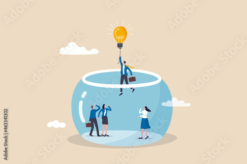 Entrepreneurship escape from routine job, freedom idea to start new business, solution to solve problem concept, smart businessman entrepreneur flying with lightbulb idea balloon escape from fish tank