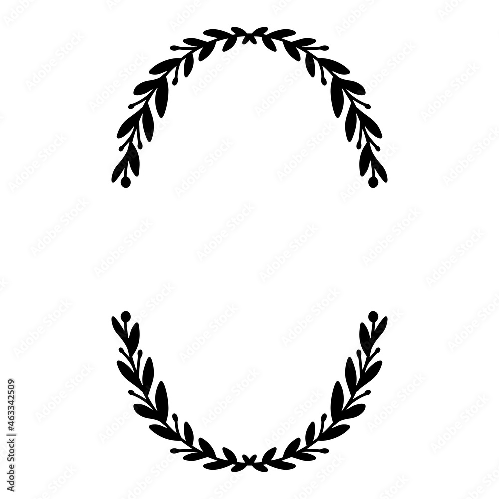 Laurel wreath. Vector hand drawn laurel wreath isolated on white background. Doodle style. Silhouette floral frame. Laurel wreath. Vector hand drawn laurel wreath isolated on white background. Doodle style. Silhouette floral frame.