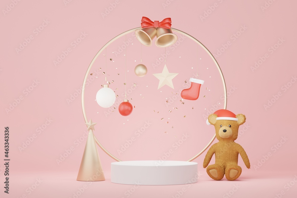 Fototapeta premium 3d Display Podium for product and cosmetic presentation with Merry Christmas and Happy new year concept. Modern geometric. Platform for mock up and showing brand. Minimal clean design.