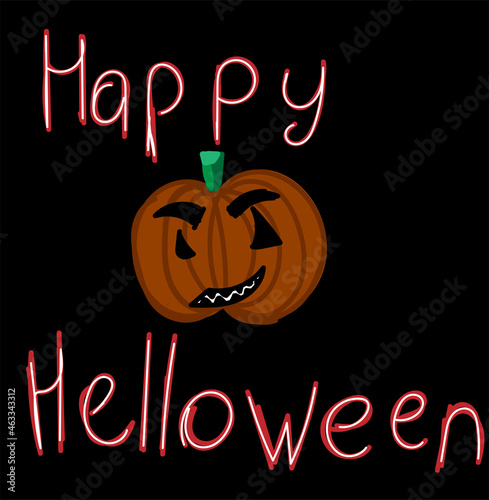 Happy Halloween. Pumpkin with a malicious smile. Congratulations on the children's drawing. Vector illustration 
