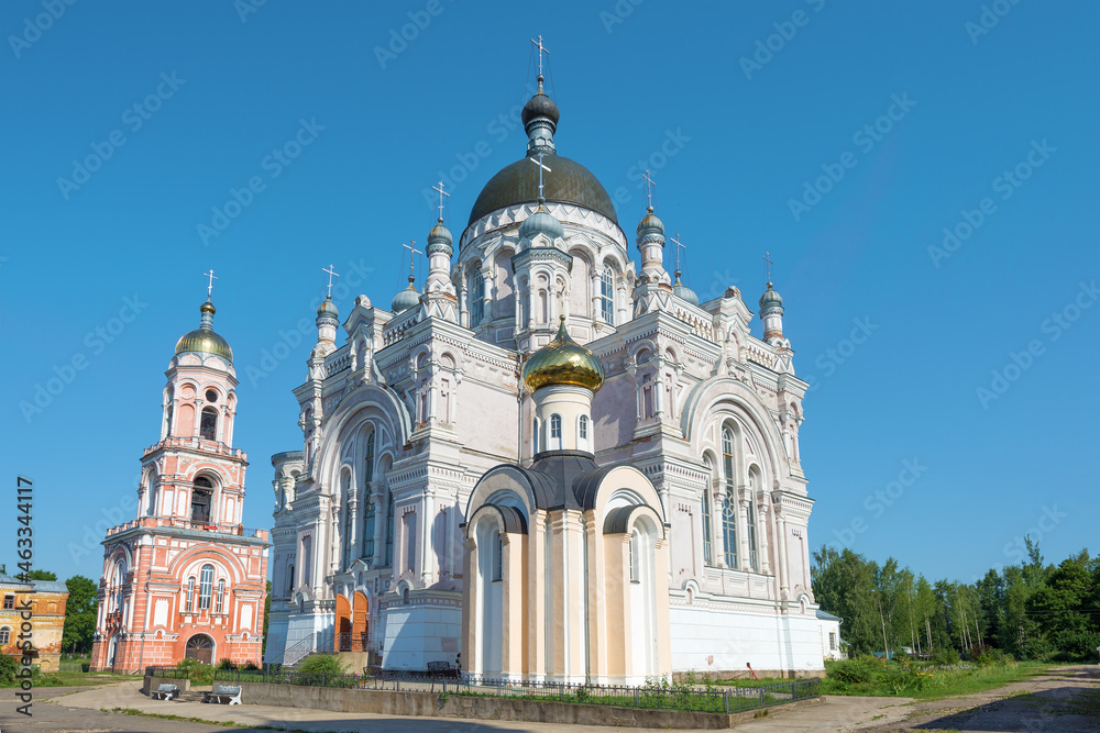 Two temples of the ancient Kazan monastery on a July afternoon. Vyshny Volochek, Tver region. Russia