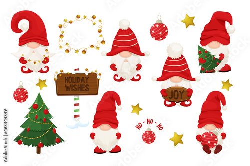 Set cute Christmas gnome, elf in red hat in cartoon style, New year greeting character isolated on white background. Traditional funny fairy with beard.