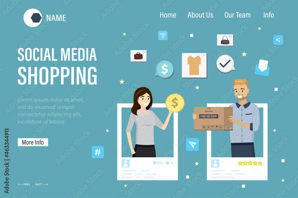Social media shopping, landing page template. Cartoon people make purchases through apps in social network. Online shops, internet technology. Accounts of female buyer and businessman.