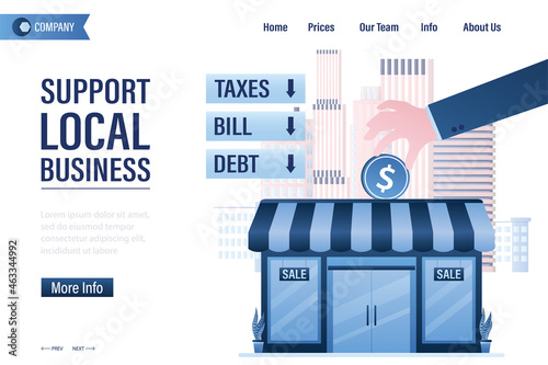 Local business support, landing page template. Hand puts money in a store, shopping in a small business. Entrepreneurship development, motivational banner.