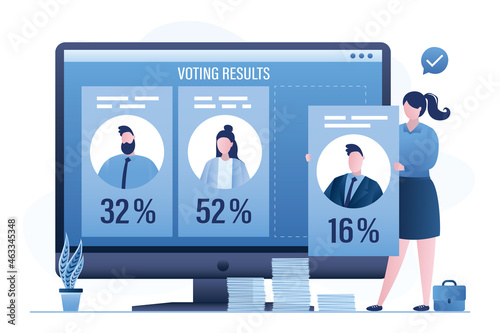 Female employee adds data on election results or exit polls to website. Monitor screen with candidate data and results after voting. Technology of internet vote.