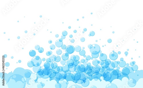 Soap bubbles in cartoon style. A foam sample with blue round shapes. Vector illustration of a card with shampoo or drinking foam. Simple soap background. Oxygen circles fly up