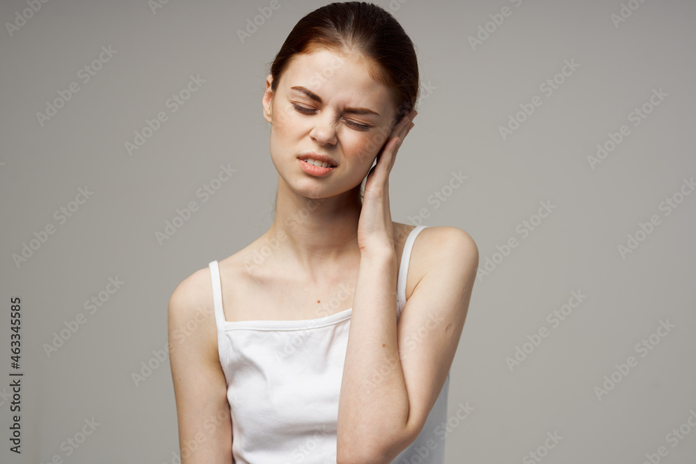 sick woman ear pain otitis media health problems infection light background sick woman ear pain otitis media health problems infection light background
