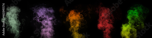 A set of multi-colored different vapors, smoke on a black background. Perfect orange, gray, green, purple, red smoke