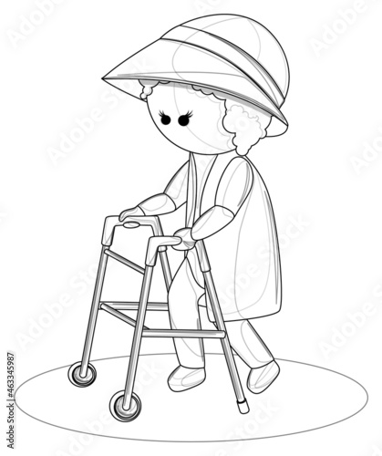 Vector image of an elderly woman who walks with a walker. Isolated on white background. EPS 10