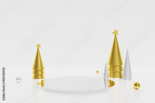 3d render of white podium and golden cone Christmas trees with spheres on a white background