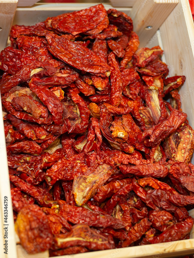 Wooden Box Full of Dried Red Peppers