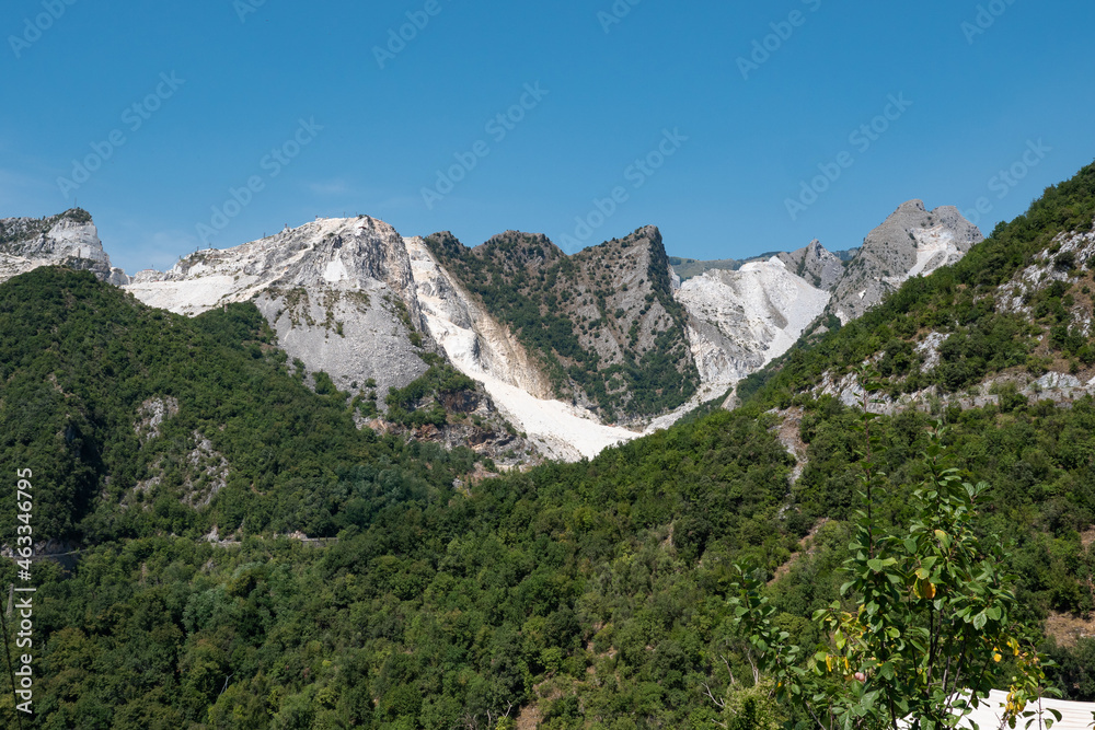 View of a Mountainside in Carrara in Summer Time with Rocks Covered by Vegetation and Trees