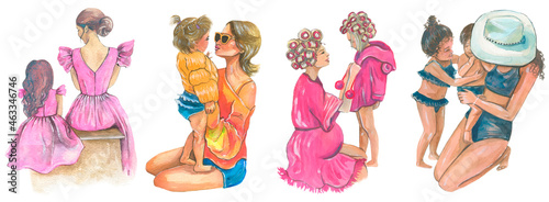 Mother and daughter. Watercolor illustration.