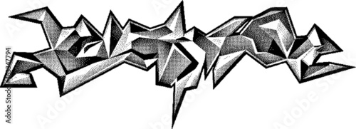 Graffiti urban tag. Pointillism ink drawing. Stippling illustration. Black and white halftone pattern. 3d abstract . Printing on t-shirt or label. Pixel art style. Vector background