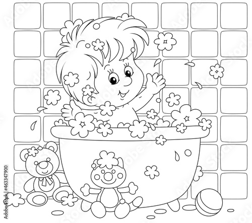 Happy little boy playing in a bubble bath and splashing with foam in a home bathroom, black and white outline vector cartoon illustration for a coloring book page