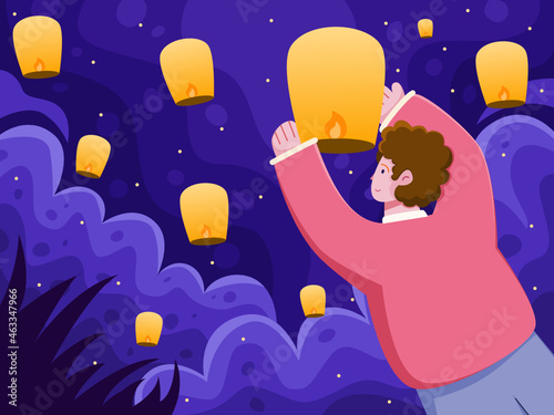 India people releasing lanterns into the sky and launching to celebrating Diwali festival. Hidu India Deepavali tradition. Can be used for postcard, greeting card, banner, web, social media, print,etc