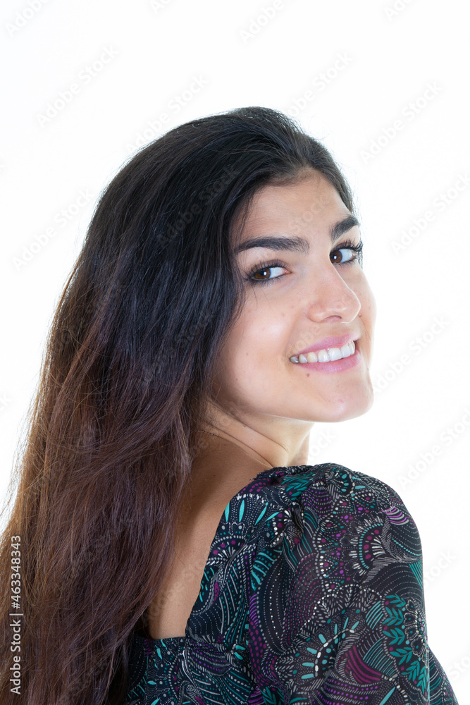 Young rear view beauty woman behind portrait on white background Young rear view beauty woman behind portrait on white background