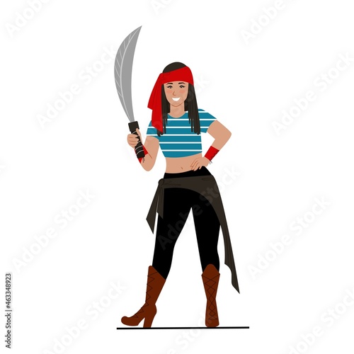 Armed pirate. Young beautiful pirate with a saber in hand. Vector character.