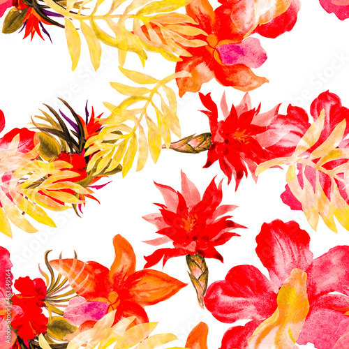 Autumn Flower Foliage. Red Hibiscus Textile. Orange Tropical Leaf. Yellow Exotic Illustration . Seamless Design. Pattern Print. Summer Textile.Vintage Leaf.