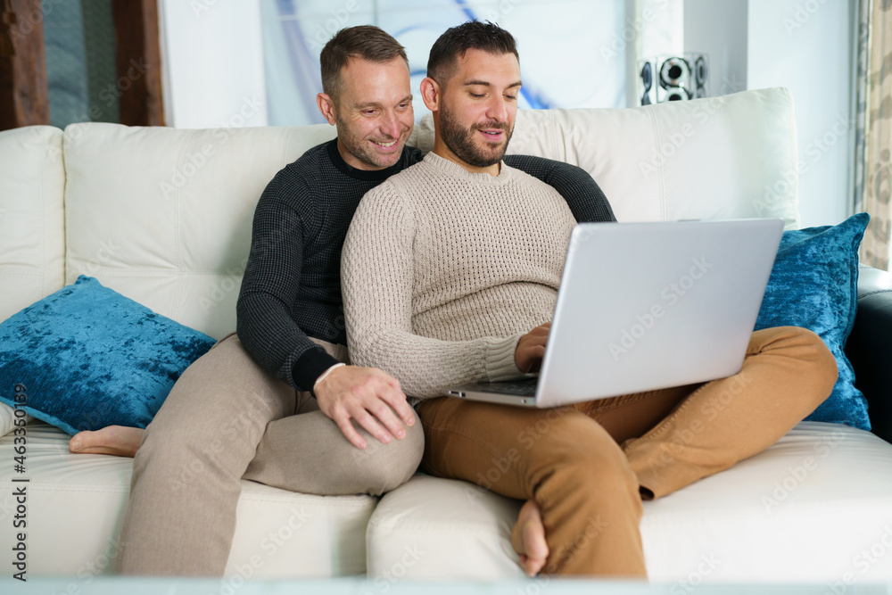 Gay couple consulting their travel plans together with a laptop. Gay couple consulting their travel plans together with a laptop.