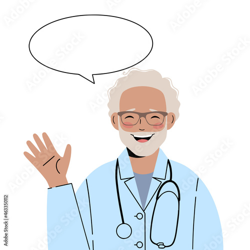 Mature doctor with glasses with a greeting gesture. Older doctor says hello.