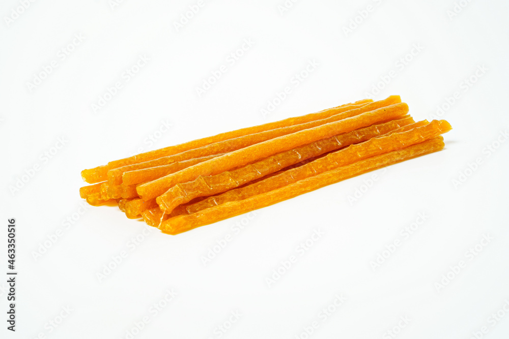 Close up of chewing snack sticks isolated on white background.