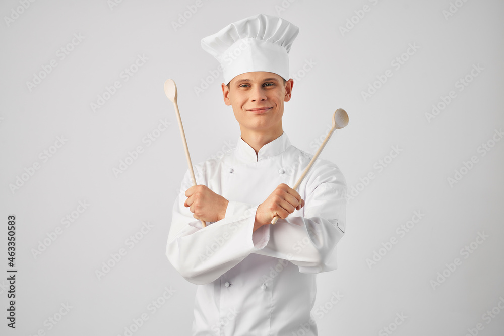 man in chef uniform kitchenware emotions restaurant