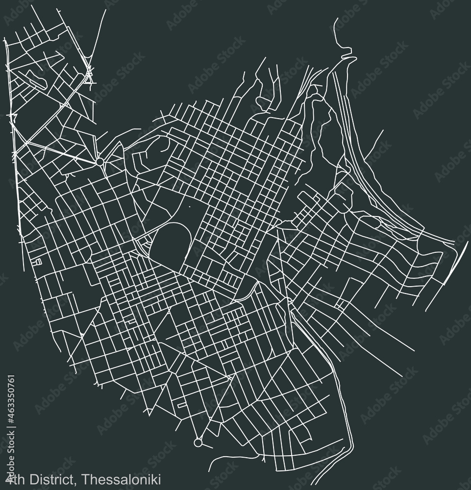 Detailed negative navigation urban street roads map on dark gray background of the quarter Fourth (4th) district of the Greek regional capital city of Thessaloniki, Greece
