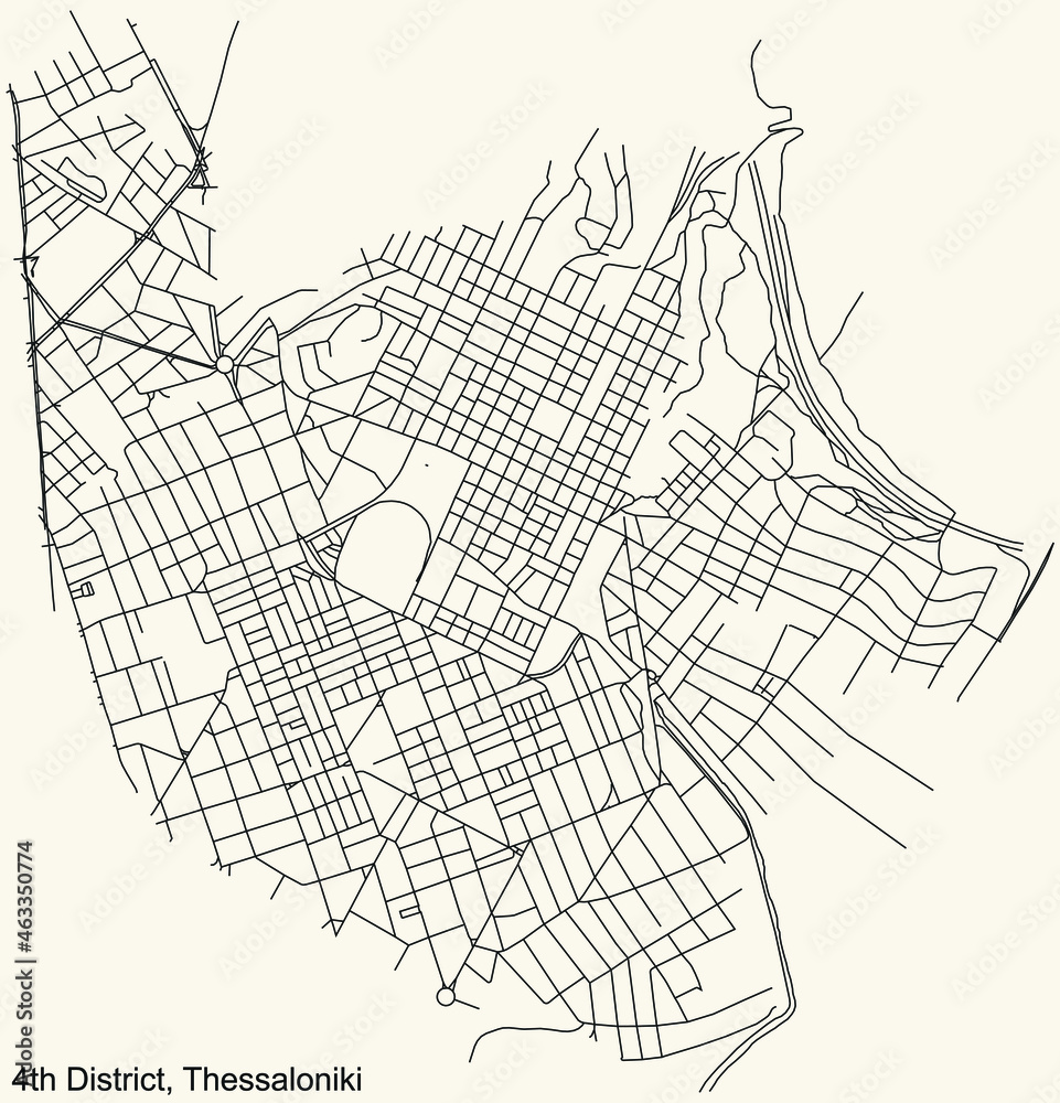 Obraz premium Detailed navigation urban street roads map on vintage beige background of the quarter Fourth (4th) district of the Greek regional capital city of Thessaloniki, Greece
