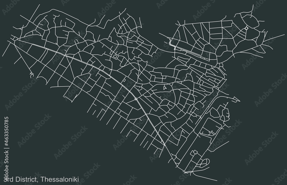 Detailed negative navigation urban street roads map on dark gray background of the quarter Third (3rd) district of the Greek regional capital city of Thessaloniki, Greece