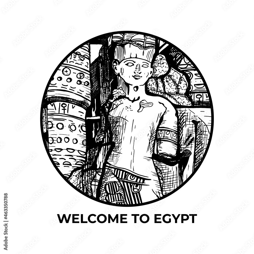 Egyptian statue in a round frame. to egypt. Pharaoh. hand