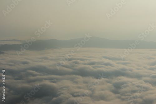 foggy landscape of mist at sunrise