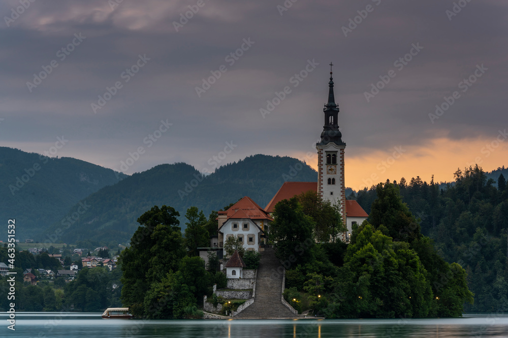 Beautiful Church on Island on Lake Bled in Slovenia at Sunset