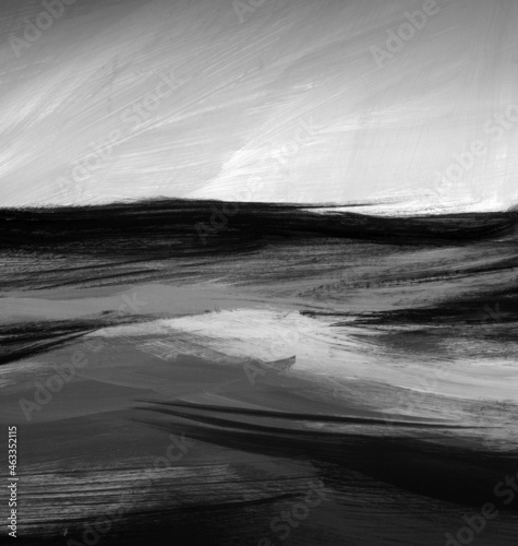 Black and white abstract landscape. Versatile artistic image for creative design projects: posters, banners, cards, websites, wallpapers. Modern art. Acrylic on board.