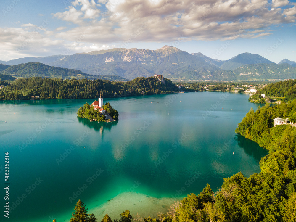 Assumption Church on Island on Lake Bled in Slovenia. Drone View