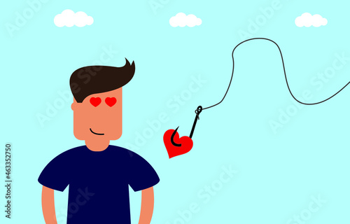 Guy in love with hearts in his eyes and a hook with a heart, the concept of cheating in love, vector